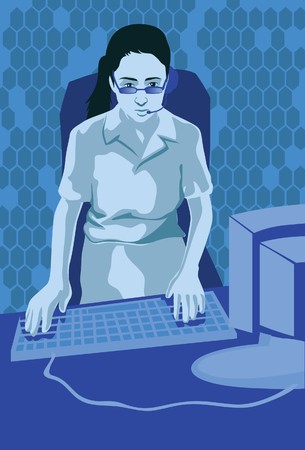 An image of a woman wearing a headphone and standing at her desk working on her desktop の写真素材