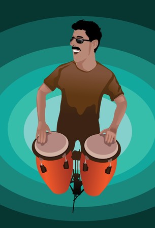 An image showing a man casually dressed wearing sunglasses and playing the bongo の写真素材