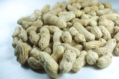 Close up of raw peanuts in shell on a white background. Natural food ingredient, healthy snack,...