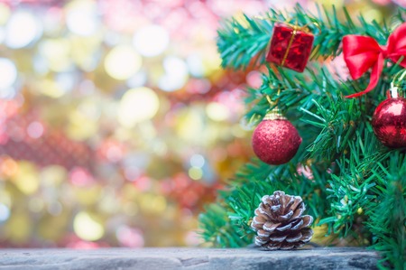 Close up of pinecone on wooden table for Christmas or New Year decoration backgroundの写真素材