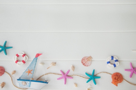 Top view of marine decoration on white background. Nautical concept.の写真素材