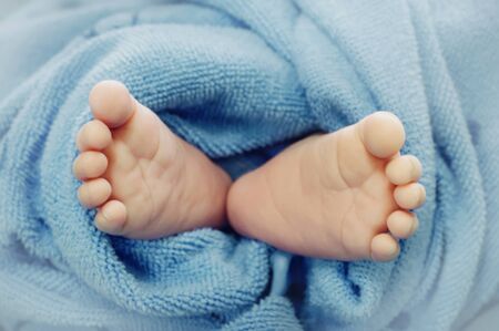 Newborn baby feet under blue blanket coverの写真素材