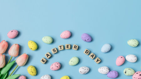 Happy easter, Top view of Easter eggs on blue backgroud 