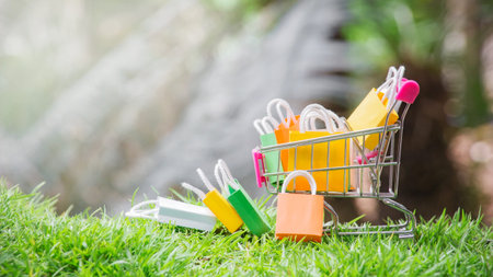 Shopping bags in a shopping cart with natural background.の写真素材