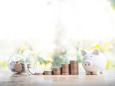 Piggy bank and stack of coins. The concept of save money for prepare in the future.の写真素材