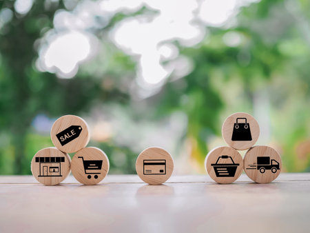 Wooden block with online shopping and e-commerce icons set.の写真素材