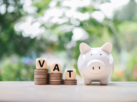 Piggy bank and Wooden blocks with the word VAT on stack of coins. The concept of save money for paying VAT in the future.の写真素材