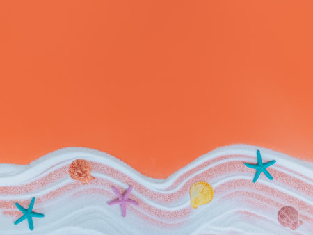 Top view of summer beach decoration on orange background, copy space for textの写真素材
