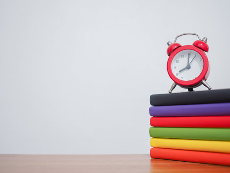Red alarm on stack hardcover book, Copy space for text, Back to school conceptの写真素材