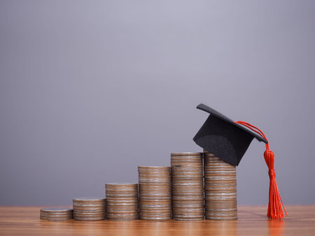 Graduation hat on stack of coins. The concept of saving money for education, student loan,...