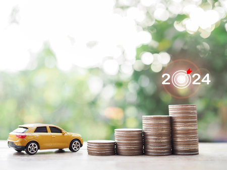 Toy car and stack of coins. The concept of saving money and manage to success transport business in...