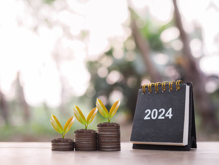 2024 desk calendar, Plants growing up on stack of coins. The concept of saving money, Financial,...
