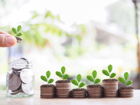 Close up hand putting coin into glass bottle and Plants growing up on stack of coins. The concept of...