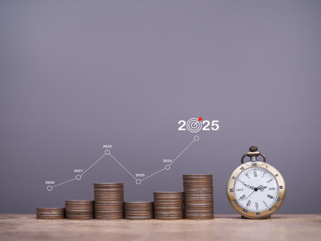 Vintage watch, Stack of coins with graph. The concept of business growth, Financial investment, Market stock, Profit return, Dividend and Business fund in year 2025の写真素材