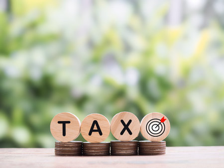 Wooden blocks with the word TAX on stack of coins. The concept of saving money for payment tax in futureの写真素材