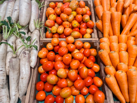 Fresh organic vegetables in basket for selling in the supermarket. Tomato, Carrot, White radishの写真素材
