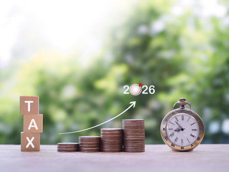 Vintage watch, wooden blocks with the word TAX and stack of coins with arrow rising. The concept of saving money for payment tax in year 2026.の写真素材