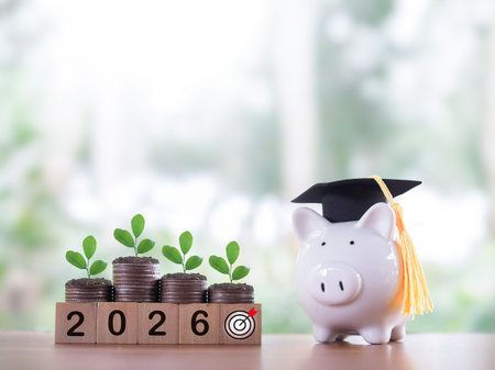 Piggy bank with graduation hat, Wooden block with number 2026 and plant growing on stack of coins....