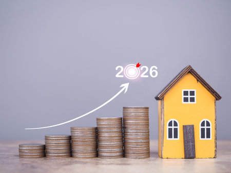 Miniature house and stack of coins with arrow rising up. The concept about price of house is growing...