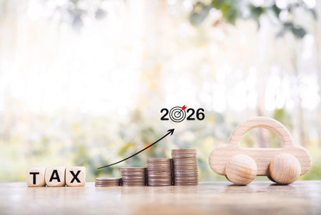 Toy car, Wooden blocks with the word TAX and stack of coins with arrow rising up. The concept of...
