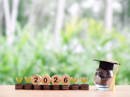 Glass bottle with graduation hat, Wooden block with number 2026 and plant growing on stack of coins....