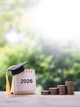 2026 Desk calendar with graduation hat and stack of coins. The concept of saving money for...