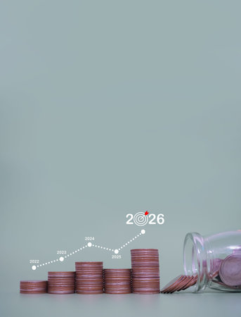 Stack of coins with virtual increasing graph. The concept of saving money for business growth,...