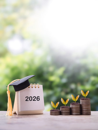 2026 Desk calendar with graduation hat and plants growing up on stack of coins. The concept of...