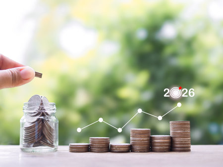 Hand putting coin into glass bottle, Stack of coins with virtual increasing graph. The concept of saving money for business growth, Financial investment, Market stock, Profit return, Dividend and Business fund in year 2026.の写真素材