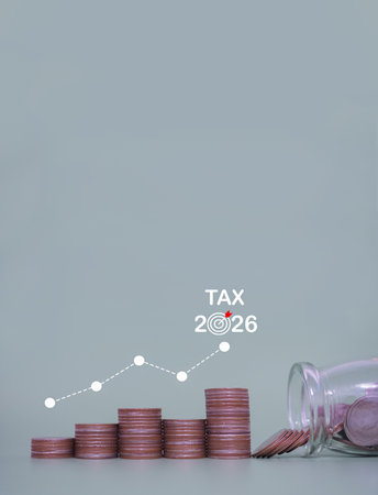 Stack of coins with virtual increasing graph. The concept about saving money to paying tax in year 2026の写真素材