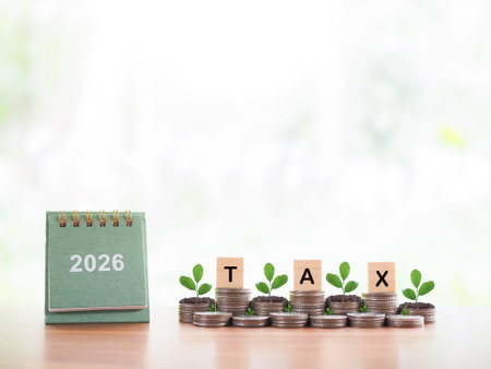 2026 desk calendar, Wooden blocks with the word TAX and plants growing up on stack of coins. The...