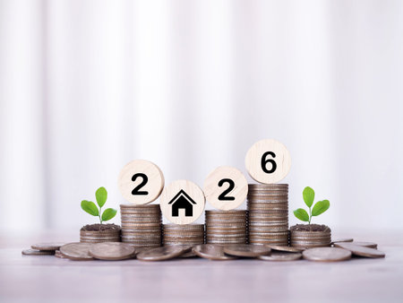 Wooden blocks with the number 2026 and plants growing up on stack of coins. The concept of saving...