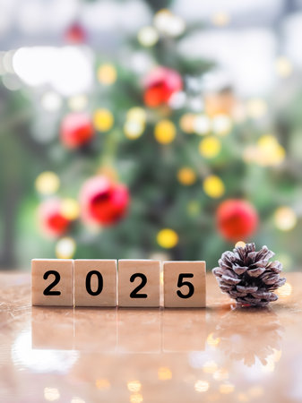 Wooden block number 2025 and pinecones with Christmas light bokeh background. Merry Christmas and Happy New Year 2025の写真素材