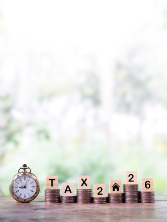 Vintage watch, Wooden blocks with the word TAX, Number 2026 and stack of coins. The concept about saving money and manage time to paying tax in year 2026の写真素材