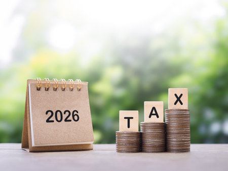2026 desk calendar, Wooden blocks with the word TAX on stack of coins. The concept about saving...