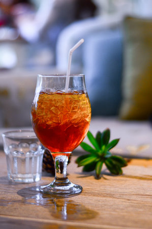 Close up of cold glass on the table in cafeの写真素材