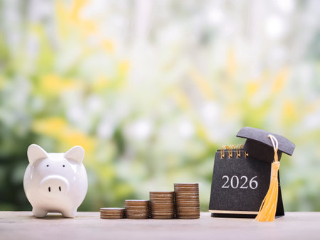 Study goals. 2026 desk calendar with graduation hat, stack of coins and piggy bank. The concept of...