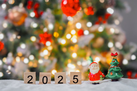 Close up of number 2025 and Christmas decorations with Christmas light background. Merry Christmas and Happy New Year 2025の写真素材