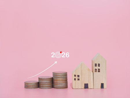 Miniature house and stack of coins with arrow rising. The concept about price of house is growing...