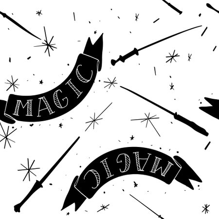Vector illustration of magic wand and lettering on white background with stars.のイラスト素材