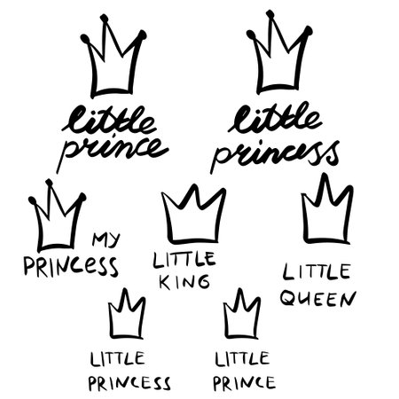 Little prince little princess king queen vector text set card design. Vector illustrationのイラスト素材
