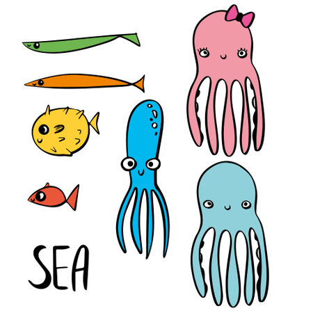 sea doodle children setのイラスト素材