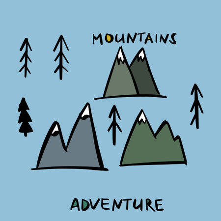 Mountains trees adventure doodle artのイラスト素材