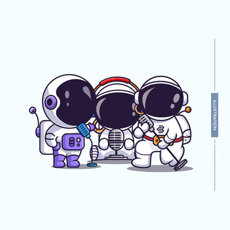 collection of cute astronauts carrying sound recordings, astronaut cartoon illustrations.のイラスト素材