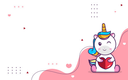 Cute background of cute unicorn character, unicorn holding a heart, suitable for social media and business postsのイラスト素材