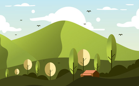Vector illustration of bright green mountain landscape, many trees.backgroundのイラスト素材