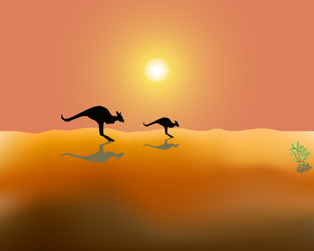 Silhouettes of two running kangaroos on desert in Australia in a hot sunny dayのイラスト素材