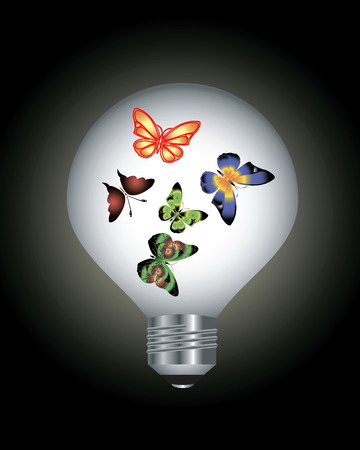 Electric bulb with multi-coloured butterflies inside against a dark backgroundのイラスト素材