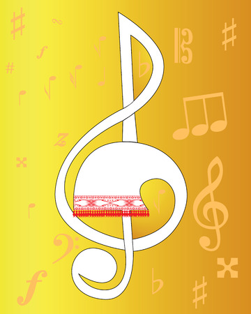 Treble clef with the Ukrainian ornament against a orange backgroundのイラスト素材