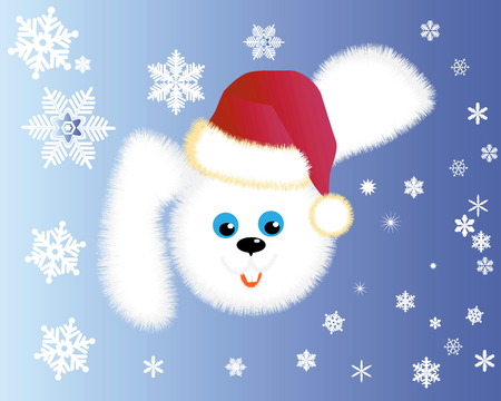 Fluffy rabbit in a red cap with snowflakes on a blue backgroundのイラスト素材